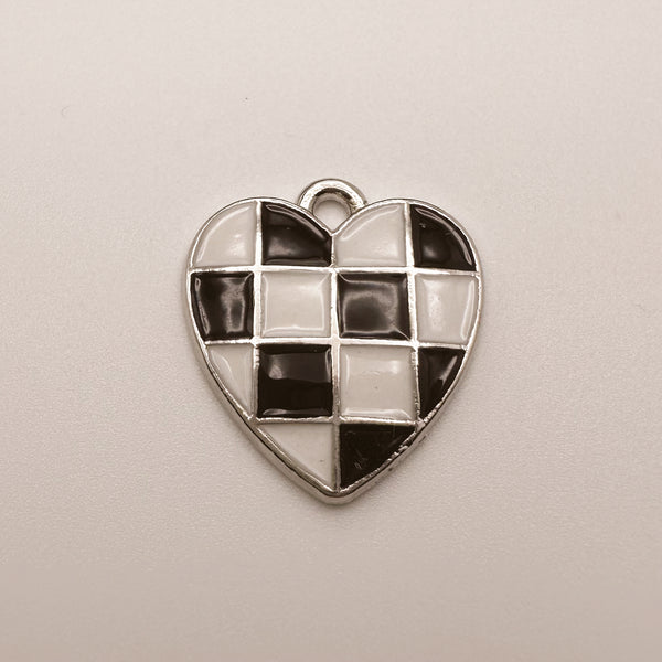 Silver Black Checkered Heart Charm