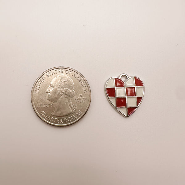 Silver Red Checkered Heart Charm