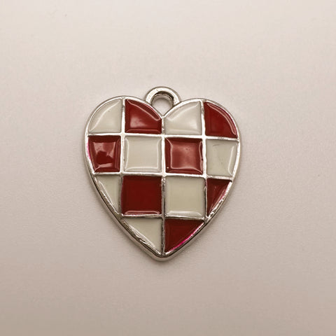 Silver Red Checkered Heart Charm